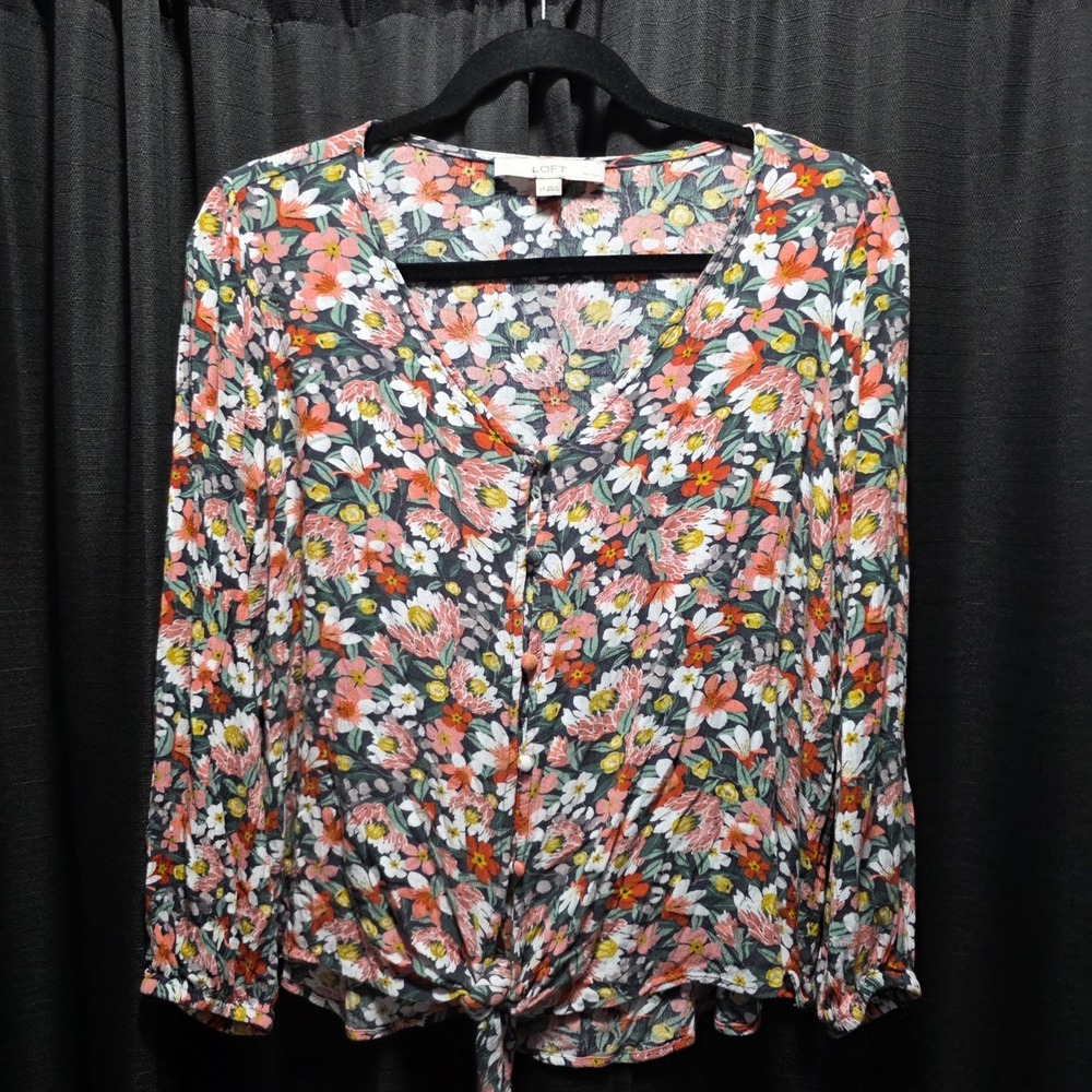 LOFT Petites Floral Tie Front Button Down Blouse Multicolor Rayon V-Neck LP